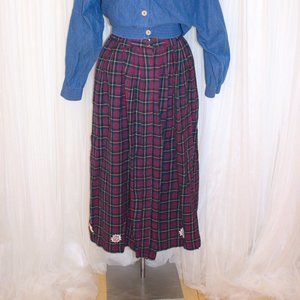 1980s Vintage Size M/L Blue and Purple Plaid Midi Skirt Winter Embroidery